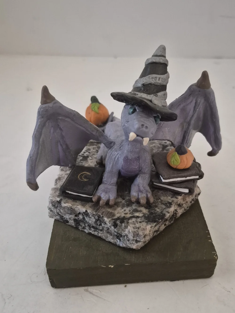 Lavender Dragon Figurine Wearing Witch Hat with Books And Pumpkins